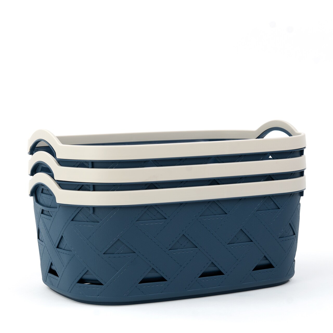 Organizing Essentials Plastic Storage Basket Set of 3 – Blue & Cream Decorative Bins with Handles for Bathroom, Kitchen, or Living Room – Designer Leather Pattern Organizer Baskets, 10.6L Each